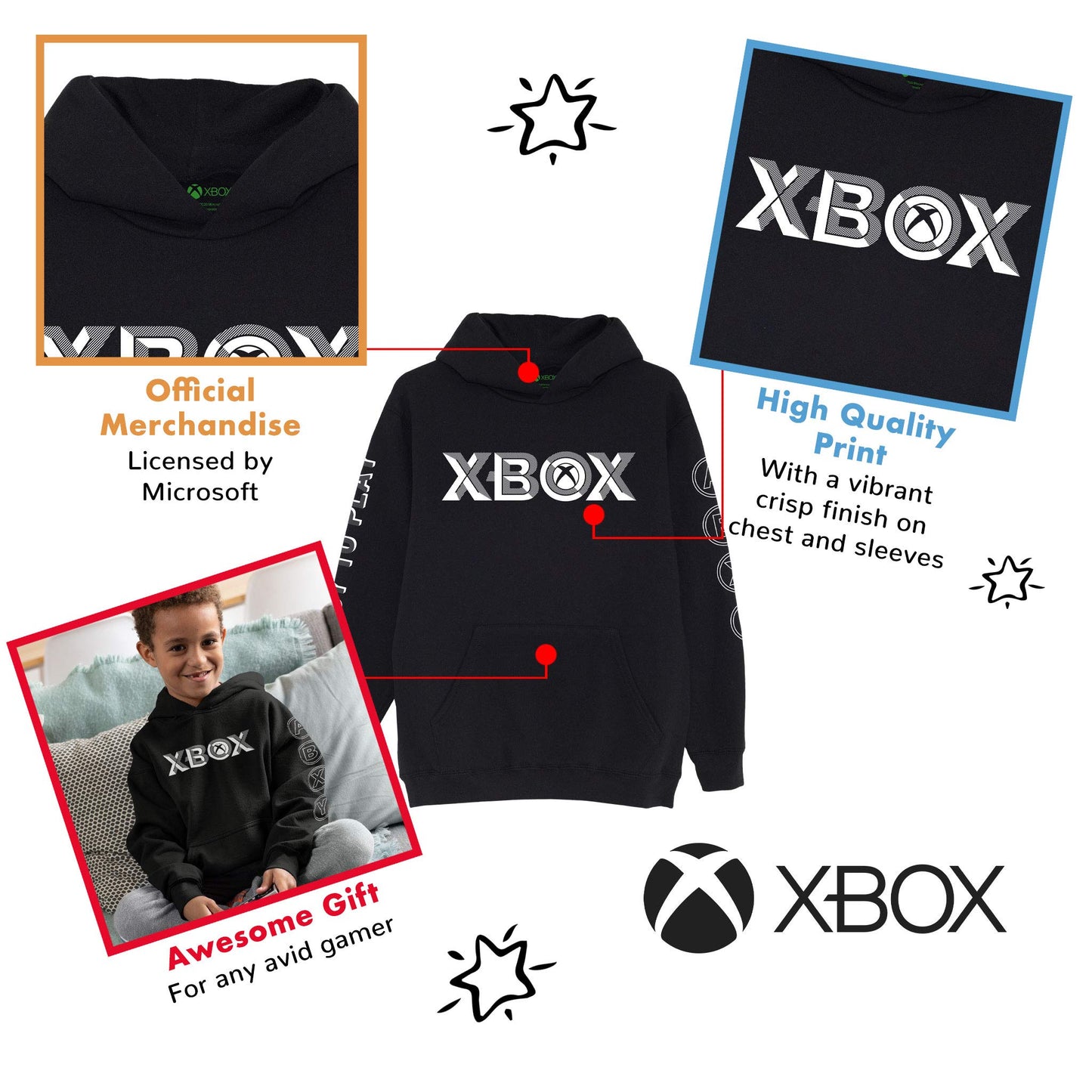Kids Xbox Ready to Play Pullover Hoodie by Popgear, black, official merchandise, suitable for ages 5-15, featuring Xbox logo design.