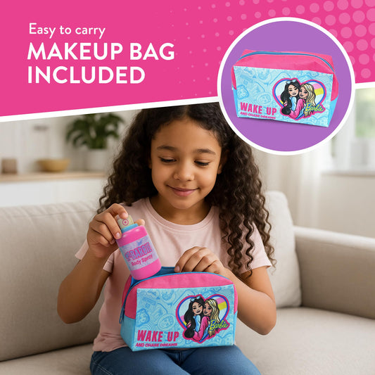 Barbie wooden toy makeup set with pink vanity, mirror, brush, lipstick, blusher, eyeshadow, and body spray accessories.