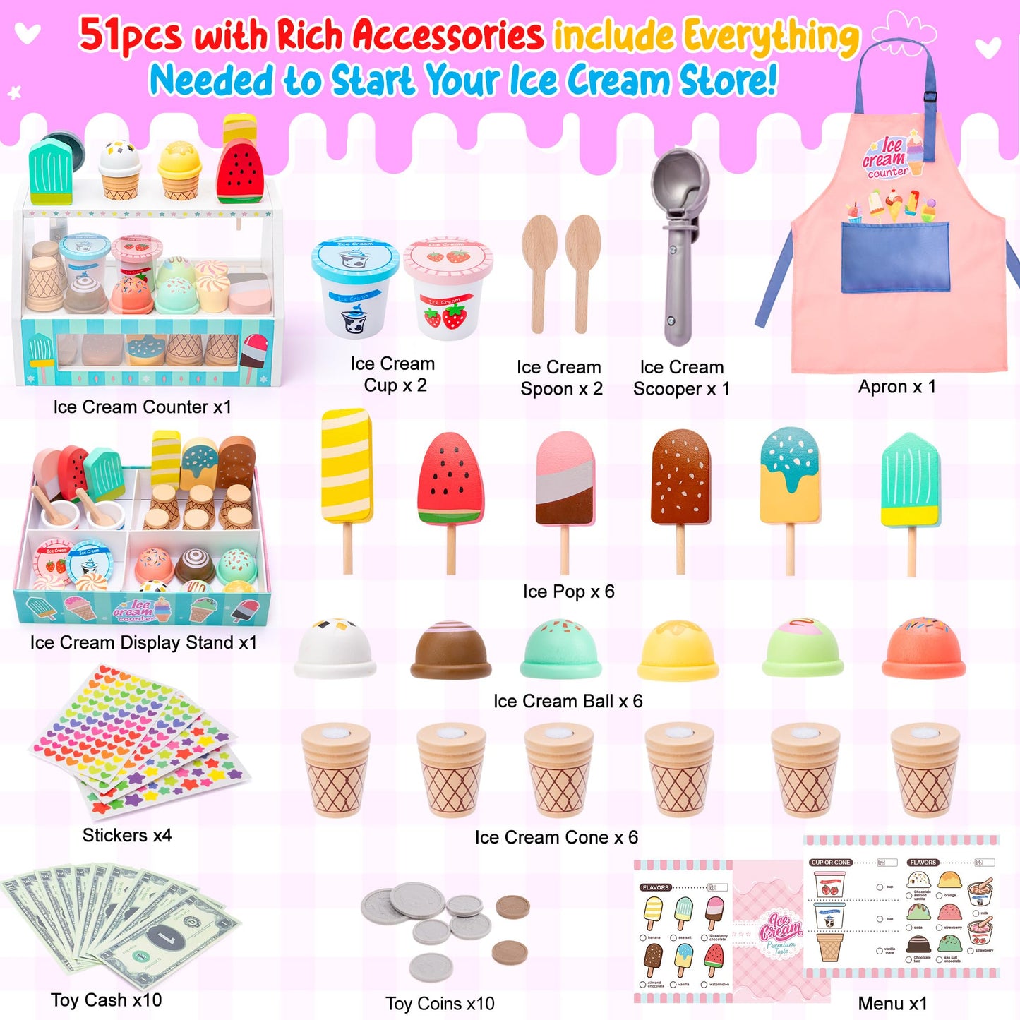 WIKITOT Ice Cream Toys for Kids, 51 Pieces Wooden Ice Cream Cart Role Play Toys for 3 to 7 Year Old Girls Boys Bithday Gifts