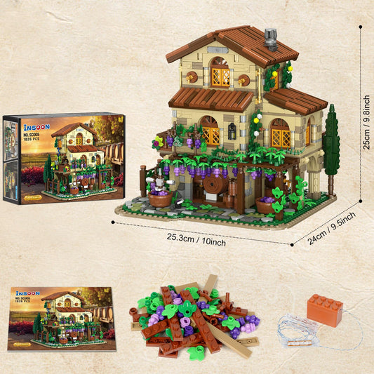 INSOON Winery Chateau House Building Set with Lights, Vineyard Castle Construction Model Home Decor, 1826 PCS Vine Estate Autumn Cabin Building Block Kit Gift for Mothers Day Adults Teens Boys Girls