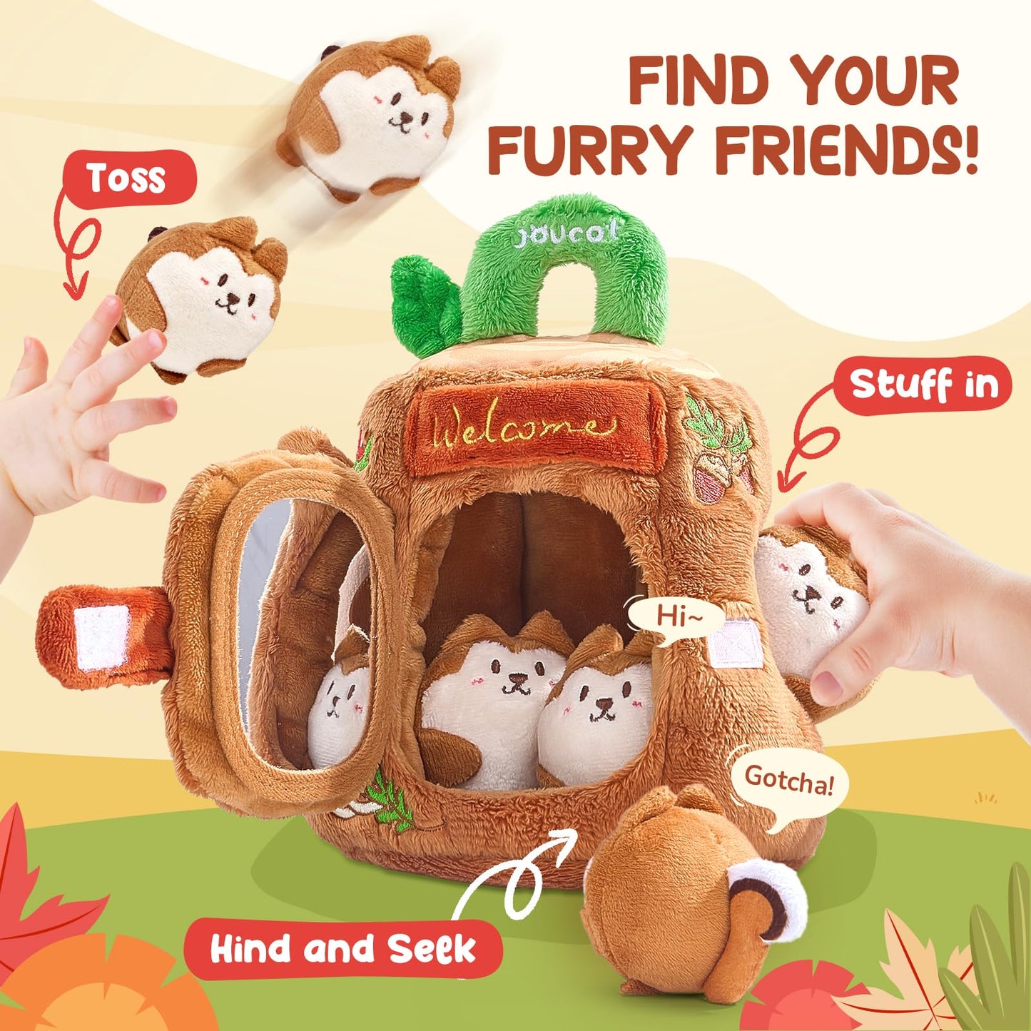 JoyCat Baby Toys 6-12 Months - Soft Baby Treehouse with 5 Sensory Squirrels - Rattle, Crinkle Paper, Squeaker, Mirror, Montessori Soft Toys for Toddlers 0-3 Years Old - Christmas Birthday Gift