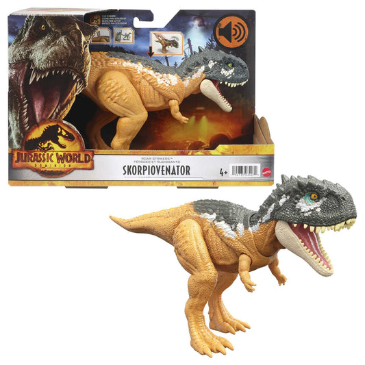 Jurassic World Dominion Roar Strikers Skorpiovenator Dinosaur Action Figure with Roaring Sound and Attack Action, Toy Gift Physical & Digital Play , HDX37