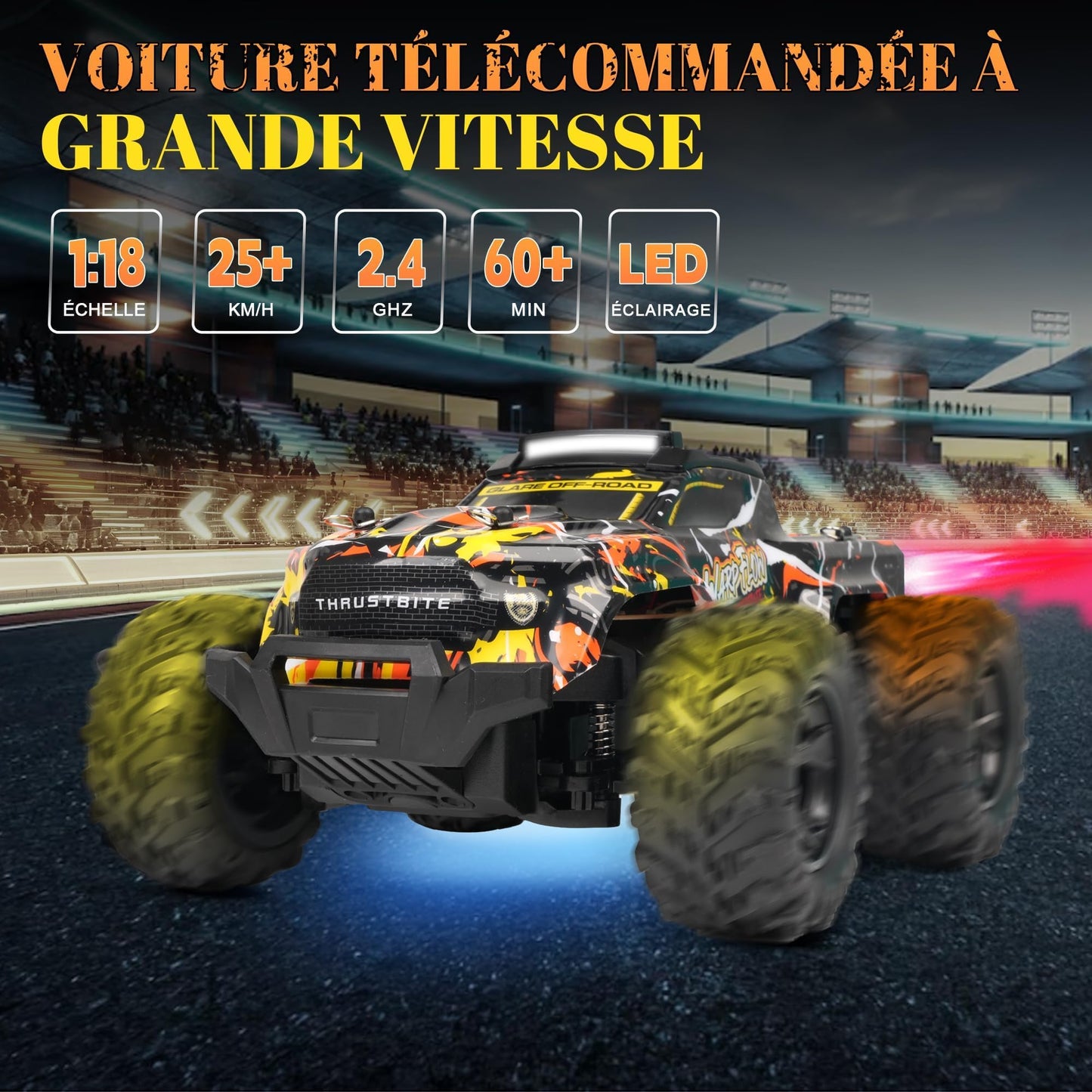 JOYTREKY Remote Control Cars - 1:18 Rc Car HighSpeed 25KMH+ LED Light with Spray 2.4GHz All Terrain Off Road Truck Toys 2 Rechargeable Batteries 60 Min Playtime Fast Racing Toy for Kids Adult - Yellow