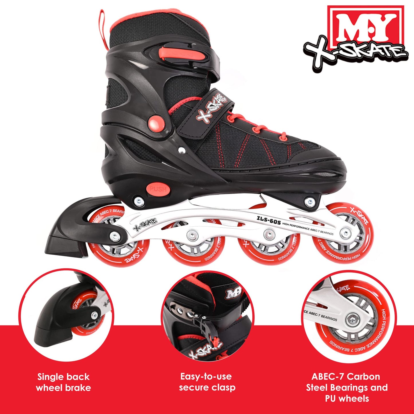 M.Y X-Skate Adjustable Red Inline Roller Skates with Built In Adjusters Kids Roller Boots for Boys & Girls - Medium