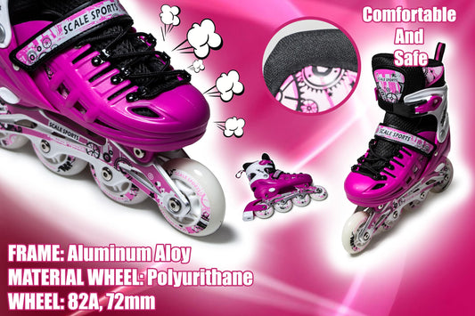 Scale Sports - Adjustuble Roller Skates with light up wheels for children and adults - Kids Inline Roller Skates (pink, UK 5-7 (EU 38-41) L)
