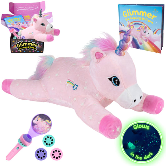 SNUGSHINE Glow in The Dark Unicorn Plush Set with Unicorn Book & Torch Projector starring Glimmer the Glowing Unicorn