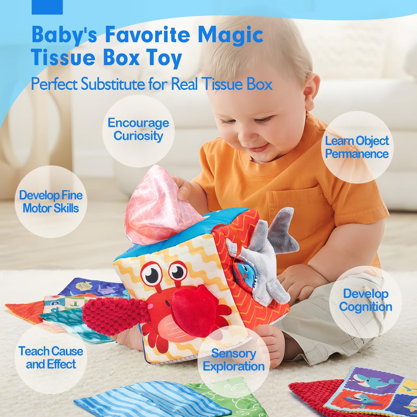 hahaland Baby Tissue Box Toy, Baby Toys 6 Months+ Montessori Toys for 6 Month Old with Textured Tails, Cloth Tissues, Crinkle, Squeaky Sounds, Mirror - Christmas Stocking Stuffers Sensory Toy