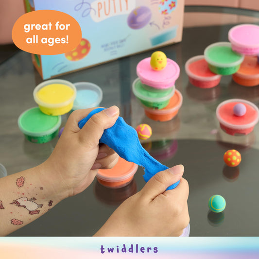 Colorful bouncing slime putty tubs from THE TWIDDLERS, fun fidget toys and party bag fillers for kids, with vibrant, bouncy slime.