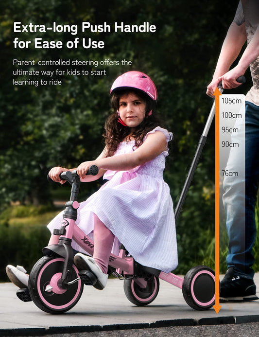 besrey 7-in-1 pink toddler tricycle with adjustable seat, removable pedals, and parent steering handle for ages 1-5.