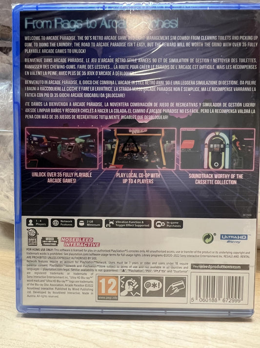 PS5 arcade game titled Arcade Paradise by Wired Productions, showing vibrant game artwork on the PlayStation 5 console.