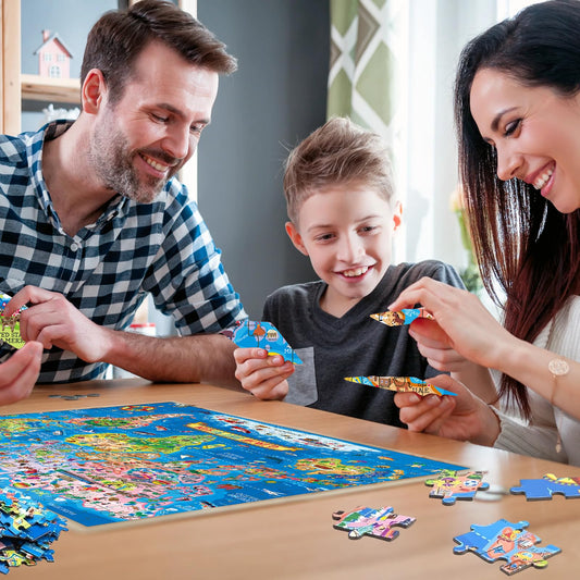 Learncredibles world map jigsaw puzzle showing continents and countries, educational geography puzzle for kids age 7+