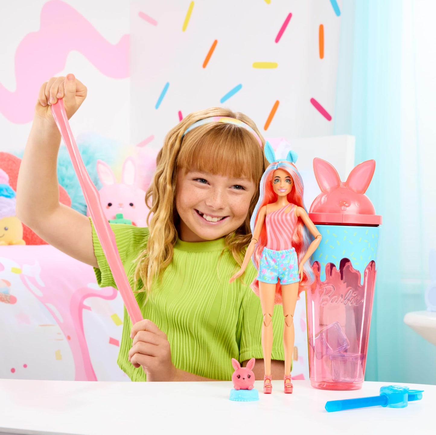 Barbie Pop Reveal Shakes Series doll with bunny pet and accessories, featuring color change surprises and bright scents.