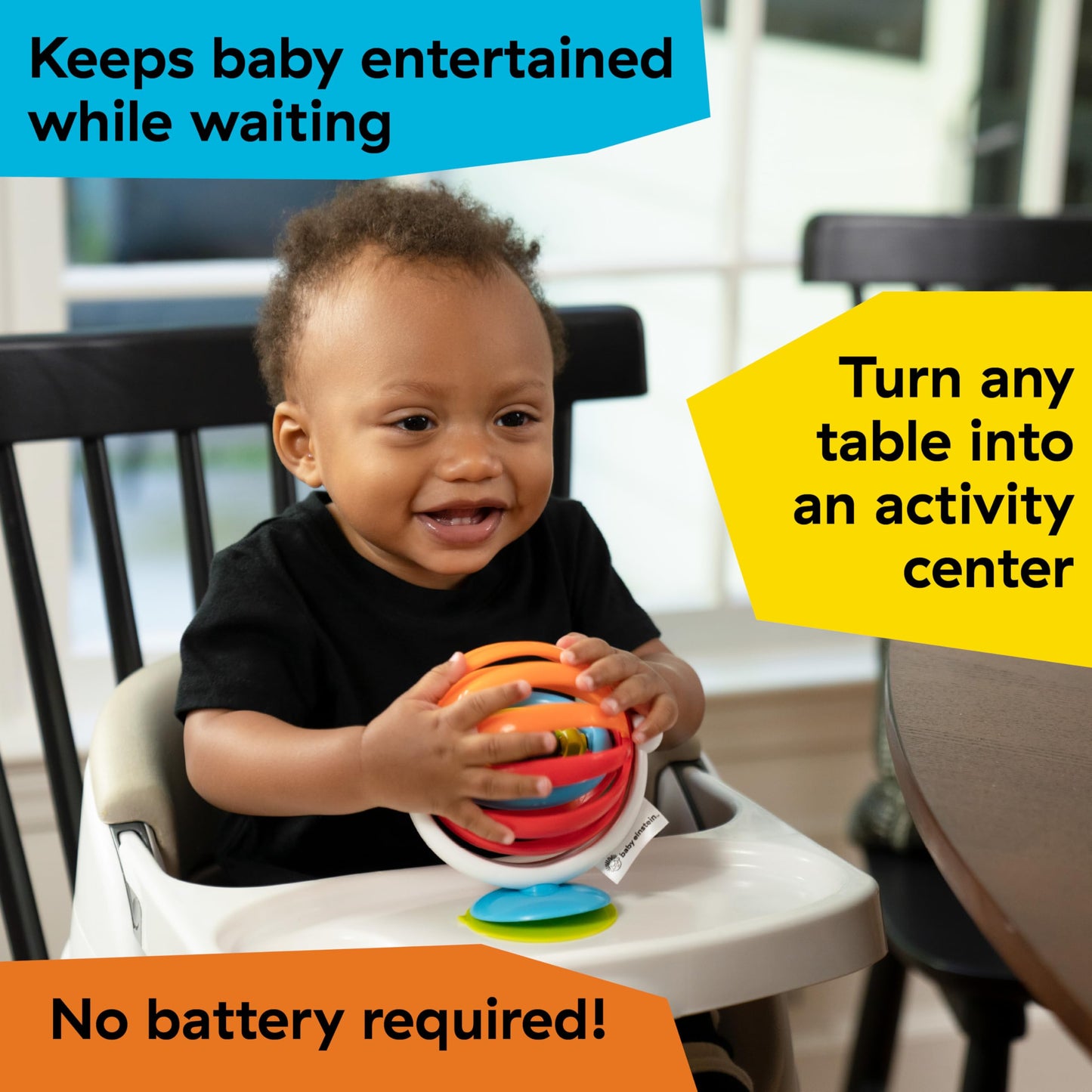 Baby Einstein Sticky Spinner booster and high chair toy with spinning wheel, rattle, and suction cup base for sensory play.