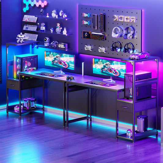 Coleshome gaming desk with LED lights, reversible design, drawers, display shelves, headphone hook, black carbon fiber finish.