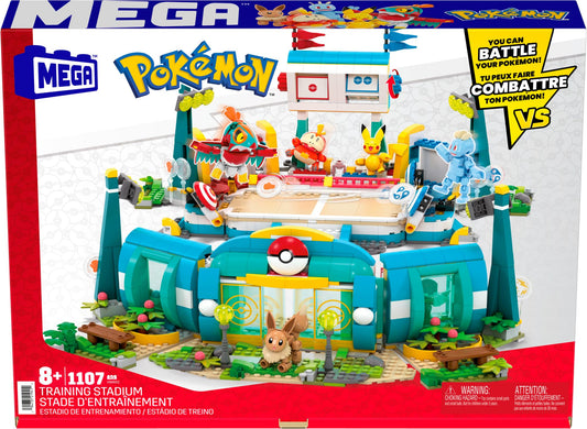 MEGA Pokémon Building Toys Set featuring a training stadium, 1101 pieces, and 5 poseable characters for imaginative play.