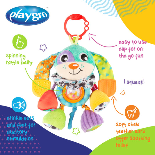 Playgro Activity Friend Doofy Dog, Vibrant Pram Rattle Toy with Easy Attach Clip for Prams, Car Seats & Capsules - Engaging Dog Baby Toy with Textured Bug Teether for Gums - from 0 Months