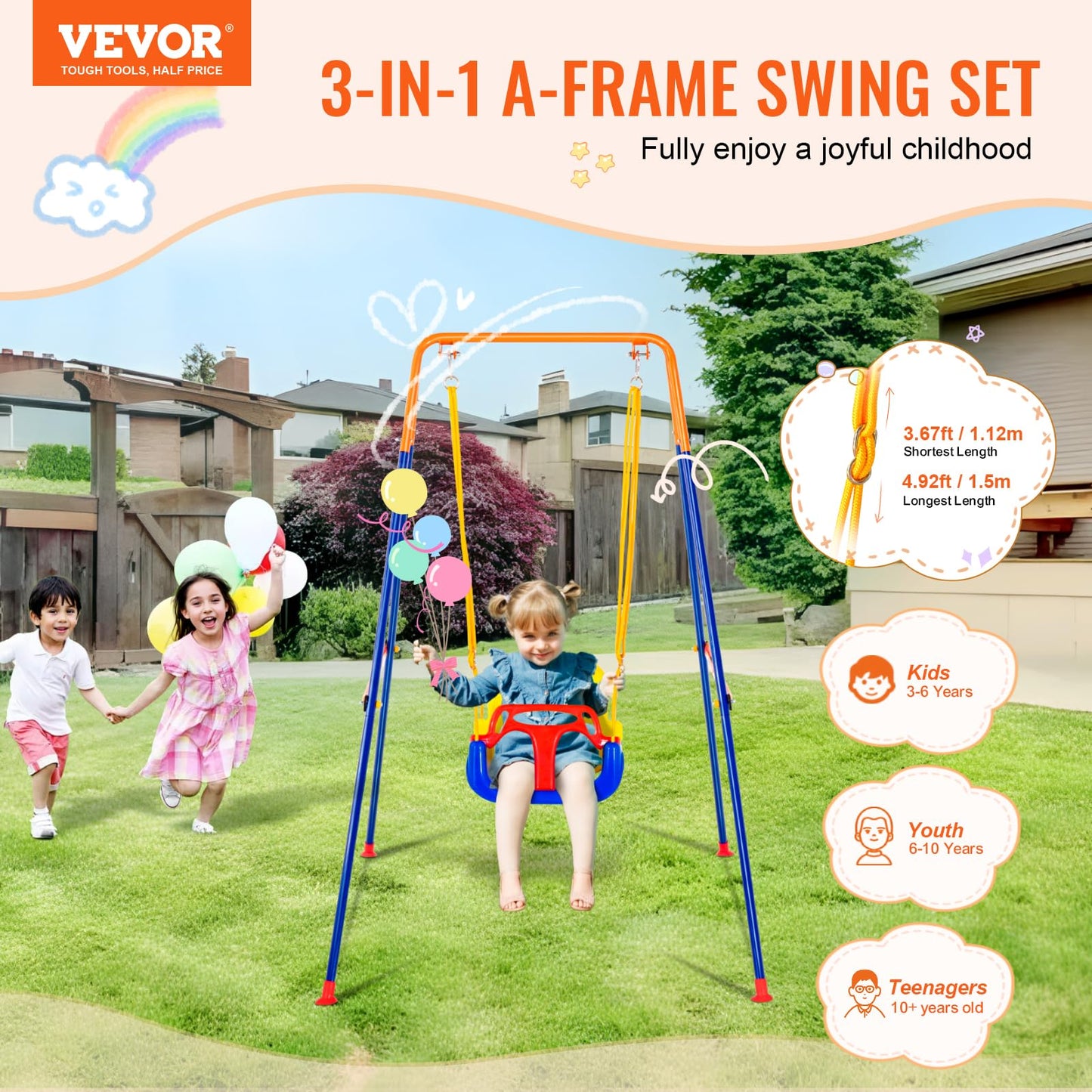 VEVOR Swing Sets for Backyard, 3-in-1 Toddler Swing Set with 4 Sandbags, Foldable Metal Stand, Easy to Assemble, Swingset Indoor/Outdoor for Kids Aged 3+