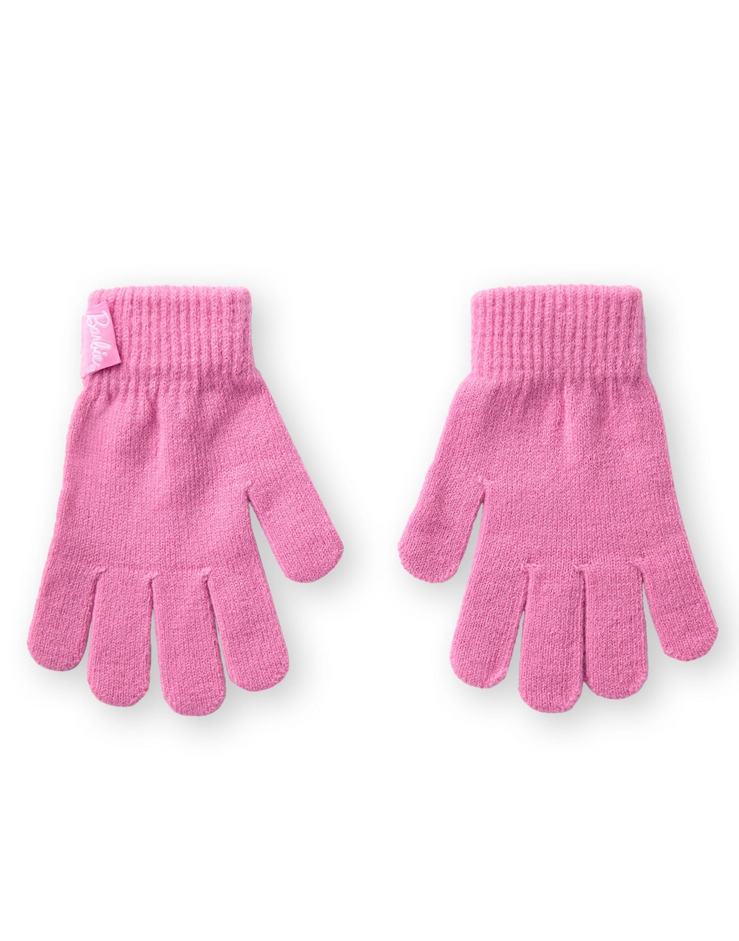 Barbie pink Fair Isle beanie and gloves set for girls, featuring cozy knit design, perfect for winter weather.