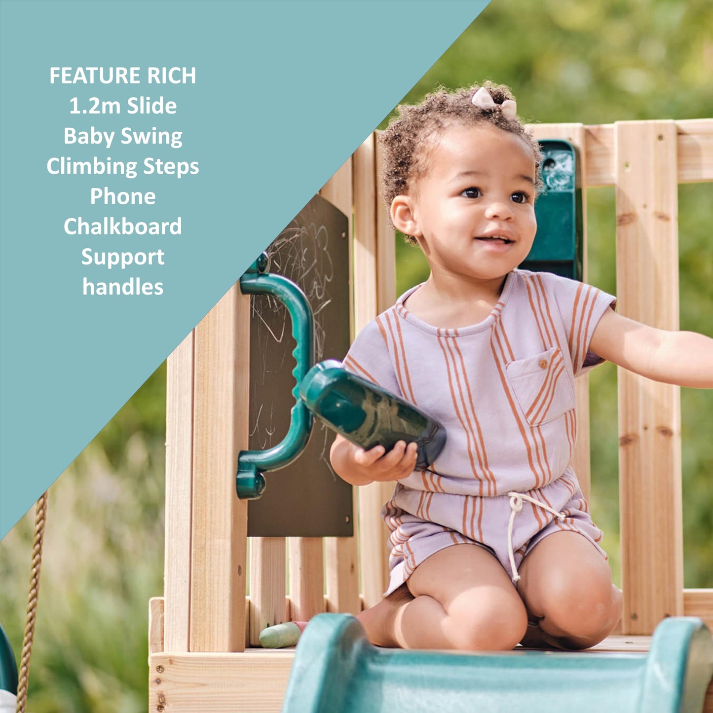 Plum Play Kids Outdoor Junior Activity Centre Swing and Slide Garden Multiplay Set for Climbing - Chalkboard, 4ft Slide, Baby Swing Seat - Children Toddlers 12 Months Plus