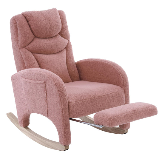 Pink DEKKETO teddy rocking chair with headrest, footrest, side pocket, ideal for nursing or relaxing in nursery or adult spaces.