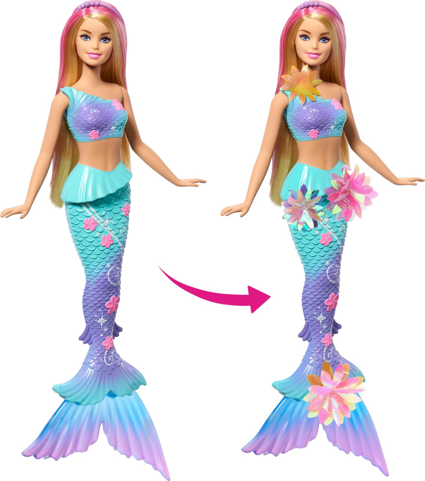 Barbie Mermaid Toy Doll with long blonde hair, pink highlights, pearl headband, ombre tail, and surprise magic blooming flowers feature.