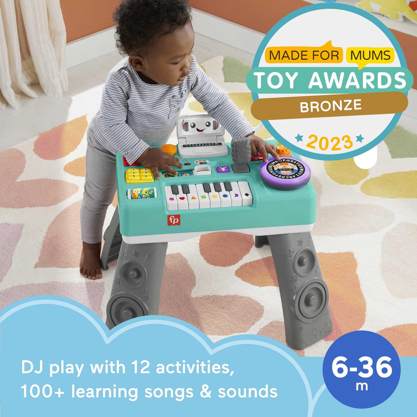 Fisher-Price Laugh & Learn Mix & Learn DJ Activity Table for babies and toddlers with lights, sounds, and musical features.