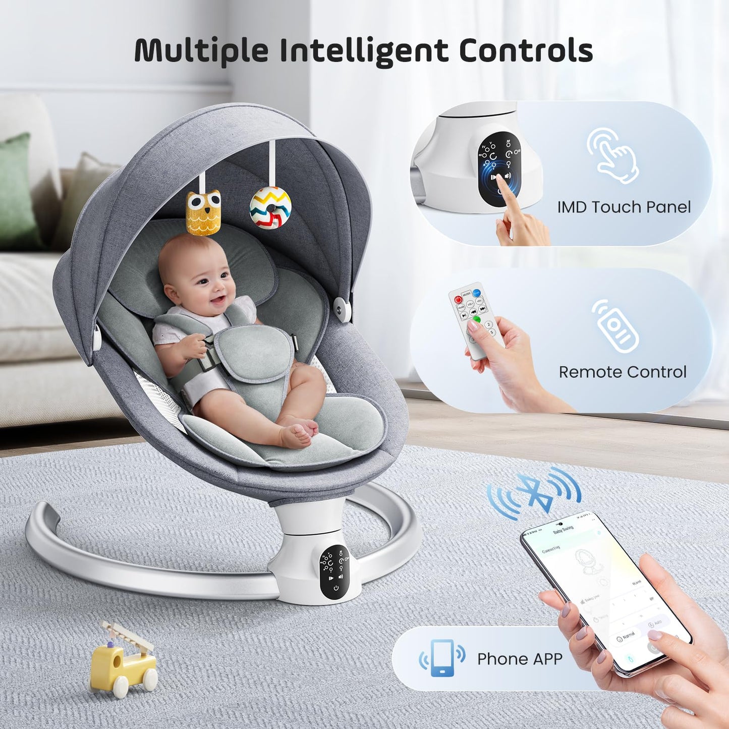 Aoykkii Electric Baby Bouncer Chair with Mobile App Control,Remote Control and IMD Touch Panel,Electric Baby Swing with 5 Swing Amplitudes 3-Stage Timer,Soft Padded Lamb Newborn Bouncer (Grey)