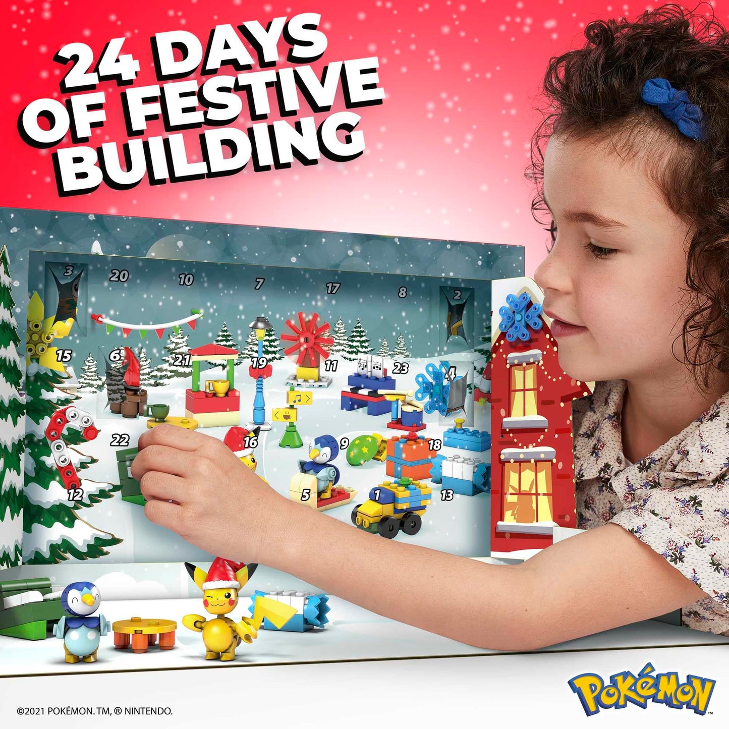 MEGA Pokémon Building Toys Set with 202 pieces, featuring 2 poseable characters and holiday-themed accessories.