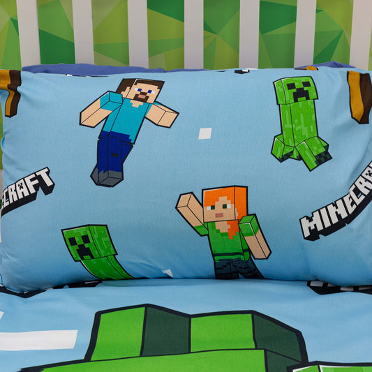 Minecraft Official Single Duvet Cover Set, Epic Design | Blue Reversible 2 Sided Bedding Duvet Cover Official Merchandise Including Matching Pillow Case