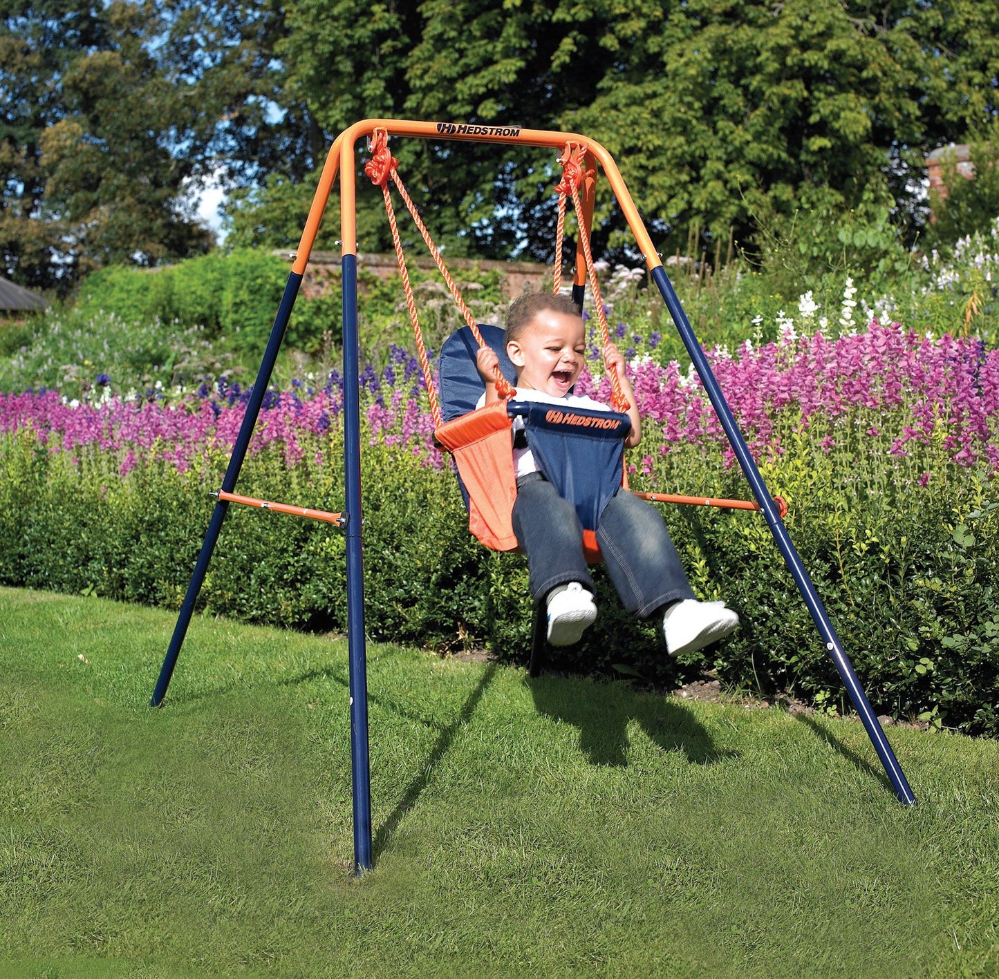 Hedstrom Folding Baby Swing Set | Age 6-36 Months | Outdoor Garden or Home Play Equipment Children | Adjustable Kids Playground | Toddler Toy Chair High Back, Blue/Orange