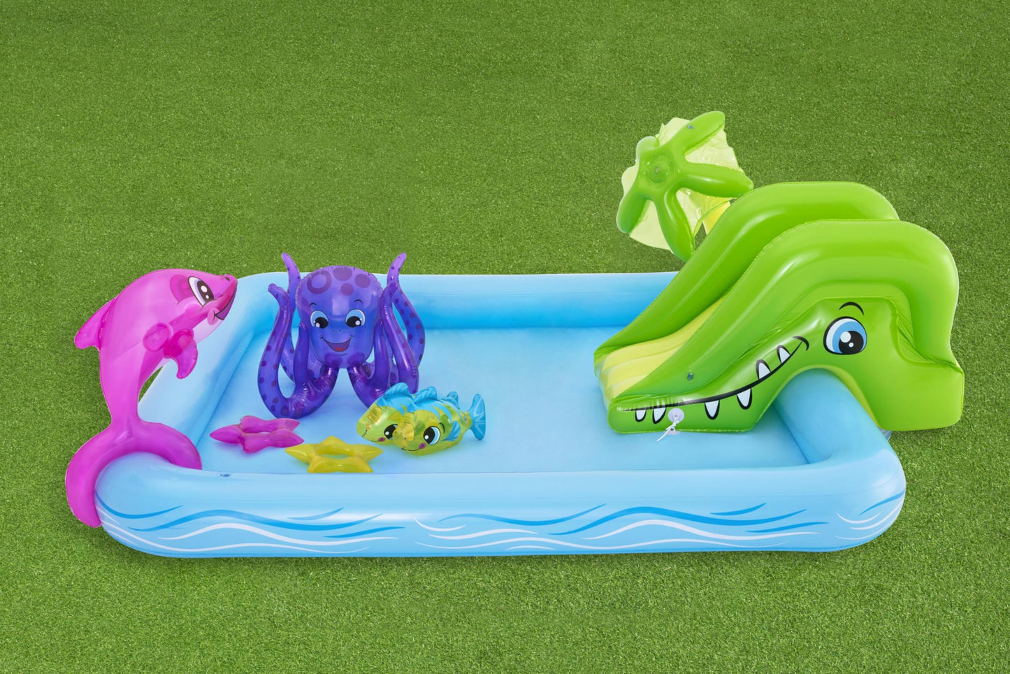Bestway 7'10" x 6'9" Fantastic Aquarium Play Center featuring colorful aquatic designs and water play features.