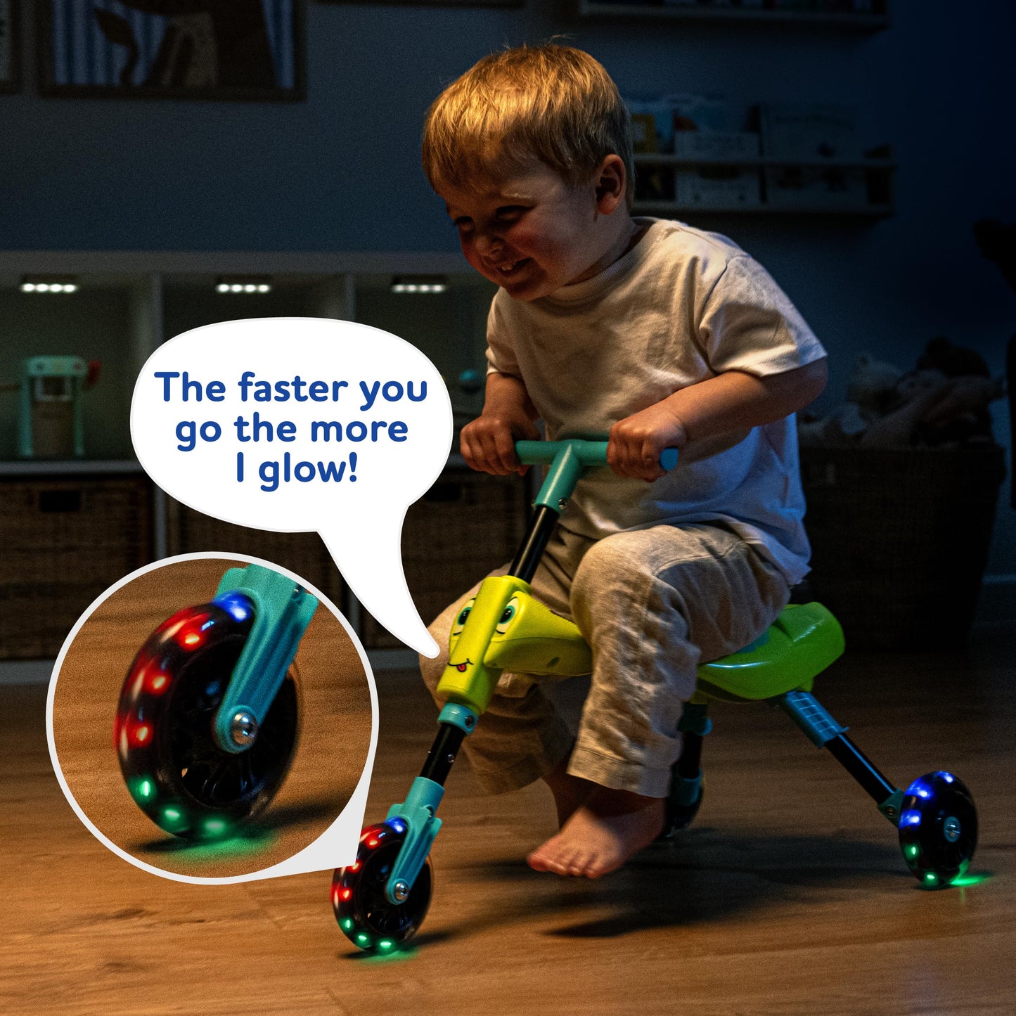 Scuttlebug 8615 Firefly Light Up Trike Ages 1-3 Push Bike 3-Wheel Foldable Ride-On Tricycle for 1+ Year Old Boys and Girls, Antennae Handlebar, Develop Your Toddler’s Balance and Motor Skills, Green