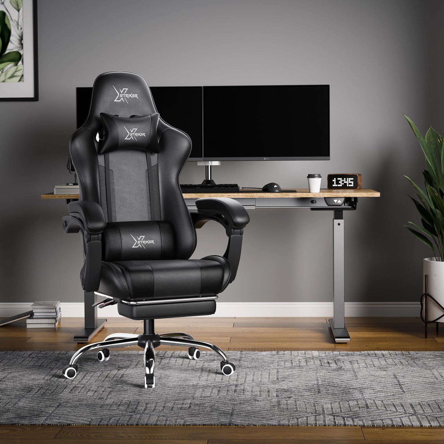 Black Blisswood gaming chair with ergonomic design, footrest, headrest, lumbar support, and height-adjustable high back for adults.