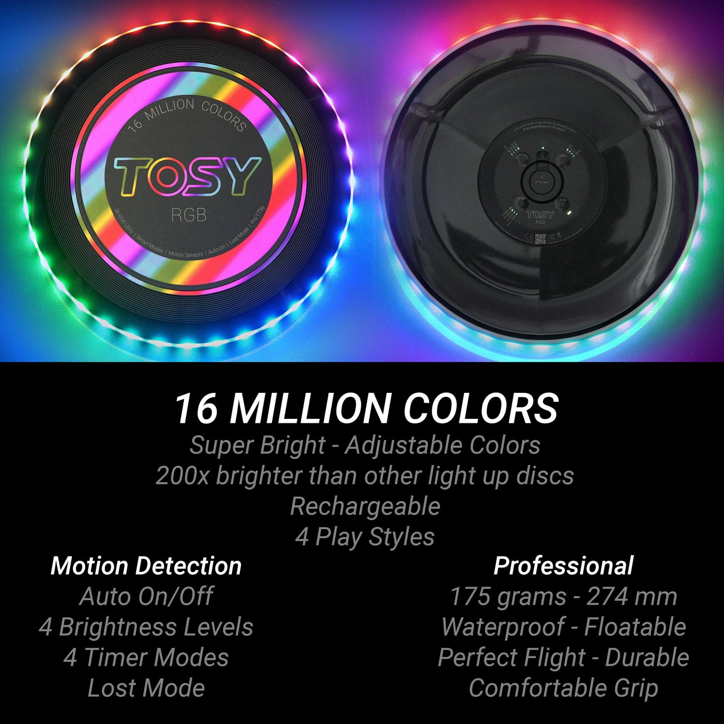 TOSY Flying Disc - 108 RGB Multicolor LEDs, Super Bright, Smart Modes, Christmas Stocking Stuffers Gift, Camping Toy for Kid/Teen/Adult, Auto Light Up, Rechargeable, Waterproof, 175g