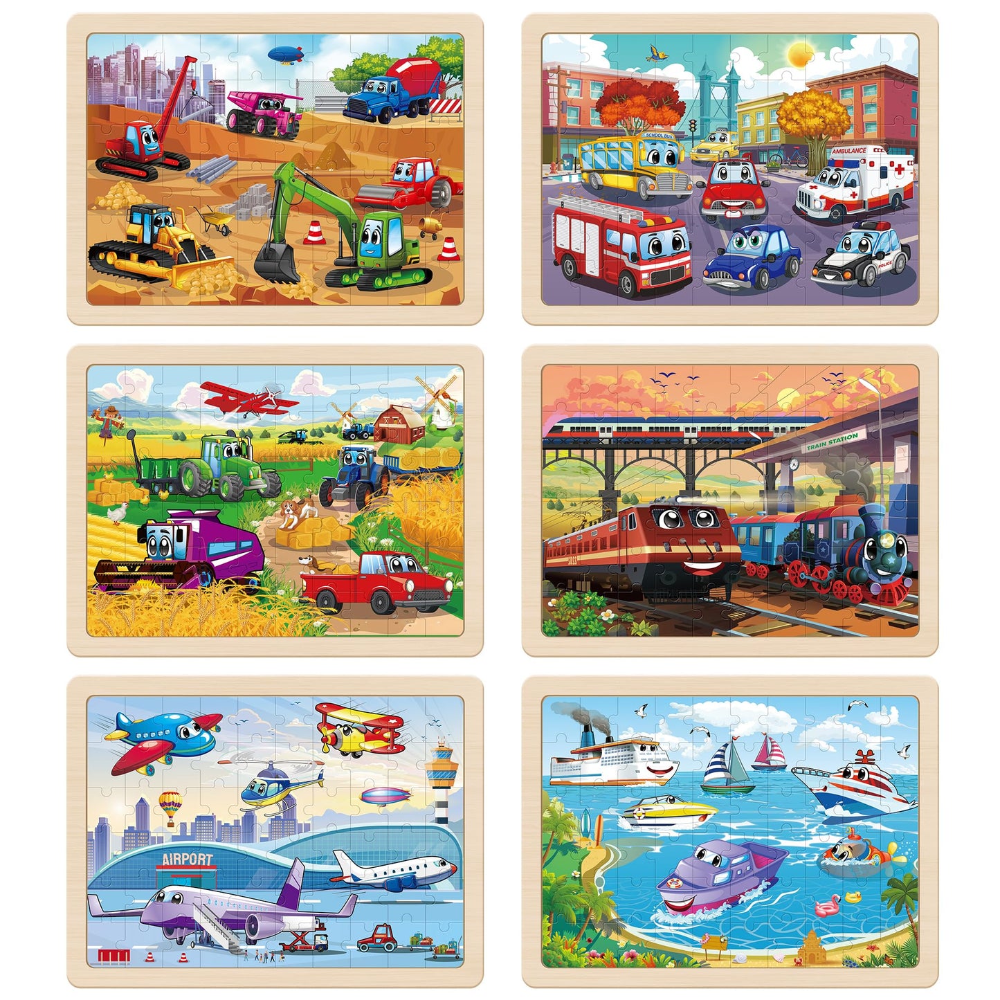 SYNARRY Wooden Vehicle Puzzles for Kids 3 4 5 6 7 8 Year Olds, 6 Packs 60 Piece Children’s Jigsaw Puzzles, Preschool Educational Toys Game Gifts for Toddlers Ages 4-8