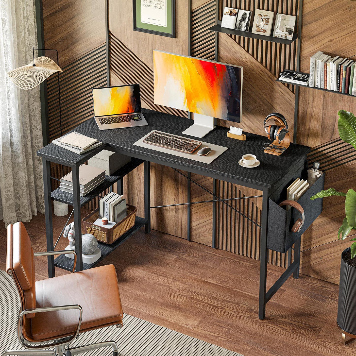 BEXEVUE L-shaped gaming desk in black with large reversible shelves, computer workspace with storage bag for home office or gaming.