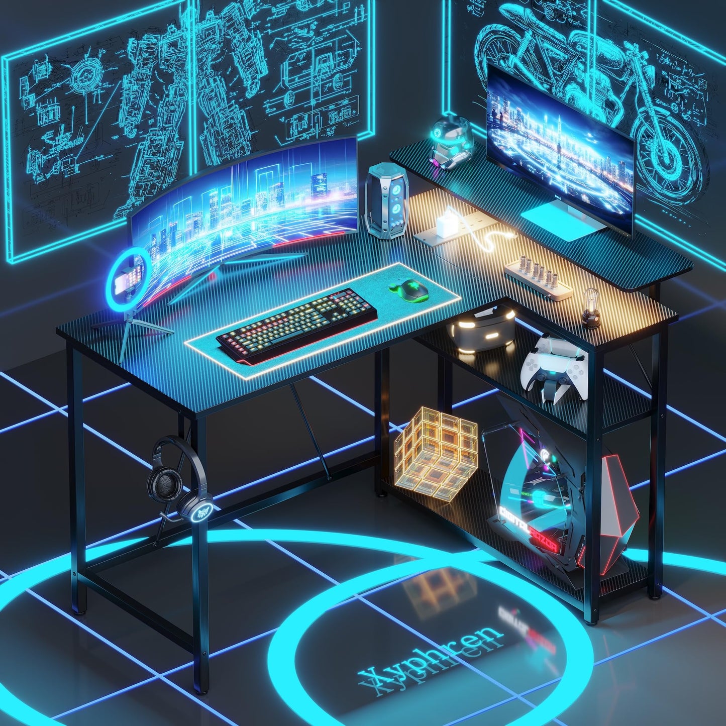 Xyphren L Shaped Gaming Desk with RGB LED Lights & Power Outlets, 100 cm Corner Computer Desk with Adjustable Shelves, Small Office Desk for Study Workstation, Carbon Black