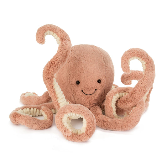 Soft Jellycat Odell octopus plush toy, 23 cm tall, featuring a friendly expression and textured tentacles.