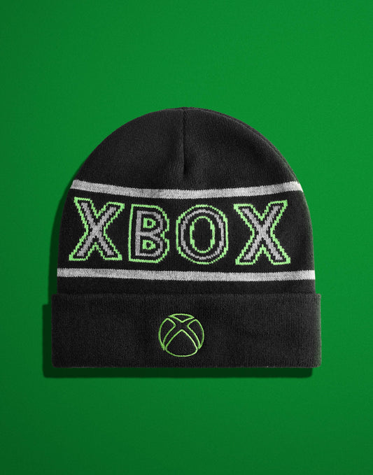 Black Xbox boys beanie hat with knitted design and embroidered logo, warm cuffed winter hat for kids and gamers.