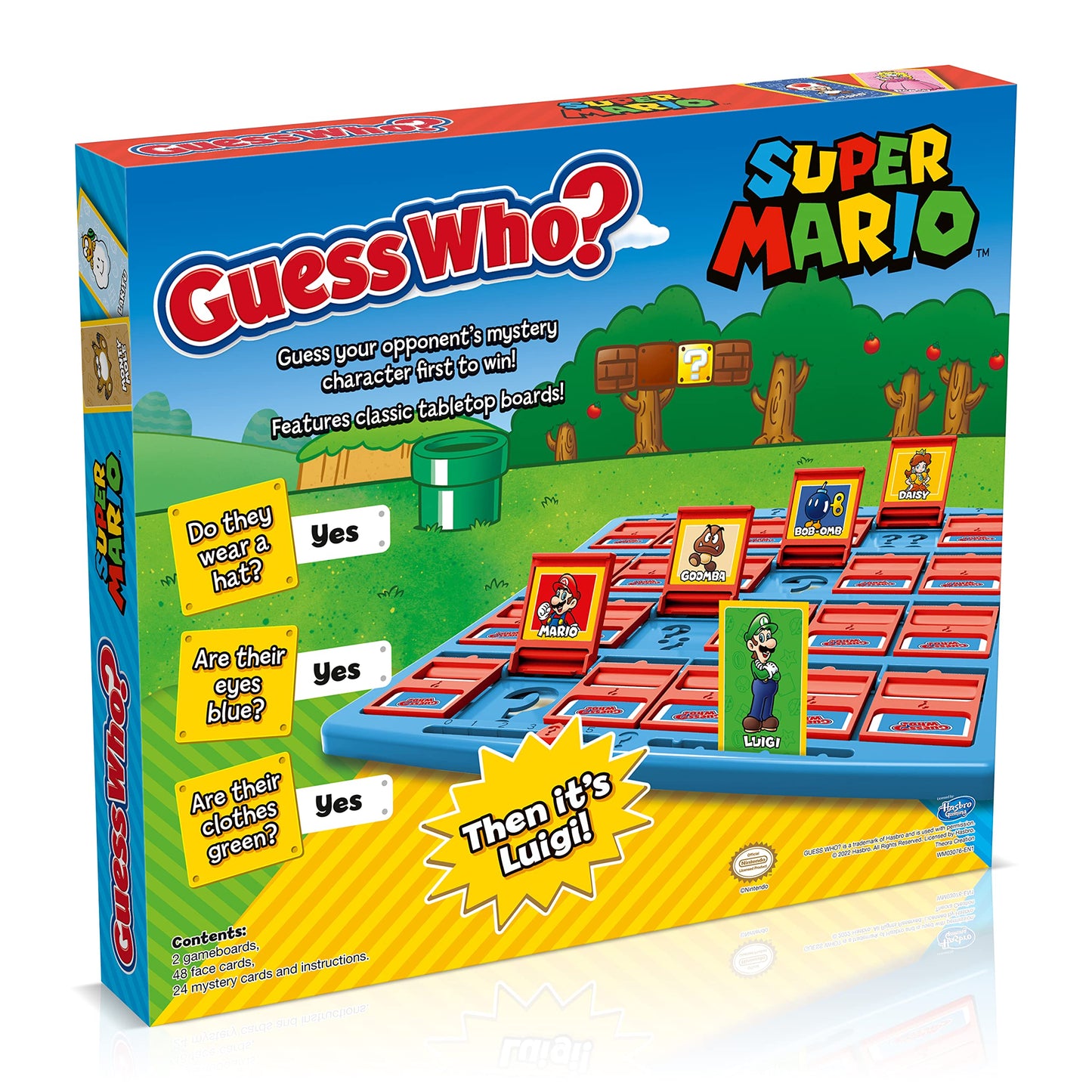 Winning Moves Super Mario Guess Who? board game with Nintendo characters like Mario, Luigi, Peach, Bowser, and Donkey Kong.