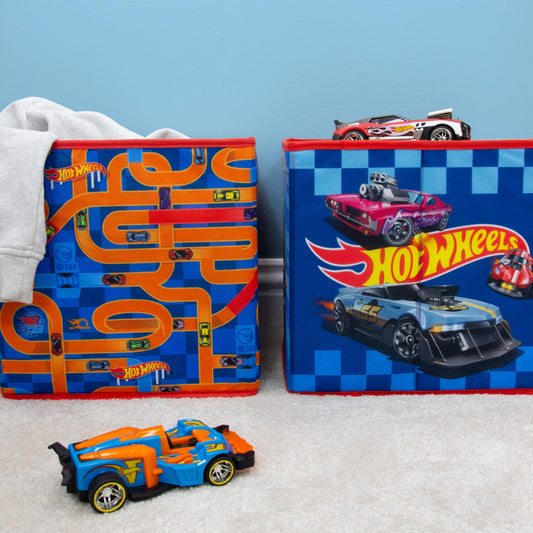 CHARACTER WORLD Hot Wheels Officially Licensed Storage Boxes | 2 pack Foldable Storage Cubes| Perfect For Organising Children's Room, Kids Playroom, 30 x 30cm, Blue, Orange