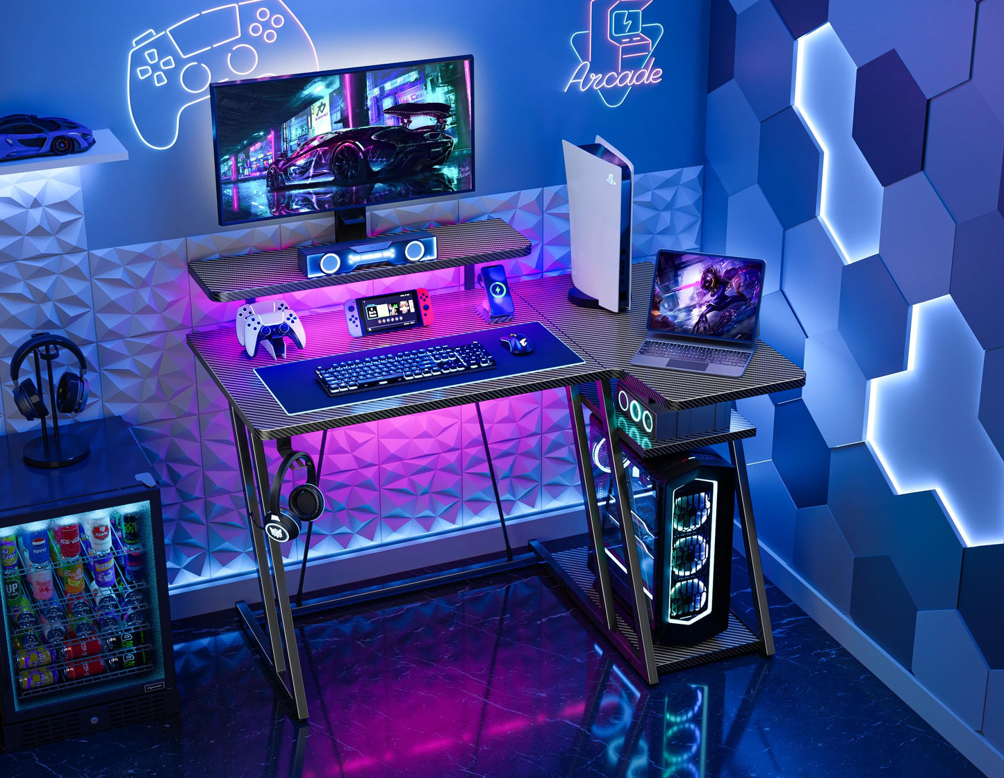 HOMIDEC Gaming Desk with LED Lights, 100CM Computer Desk with Monitor Stand, L Shaped Corner Desk with Headphone Hook and Shelves for Gaming Room, Bedroom, Office, Black
