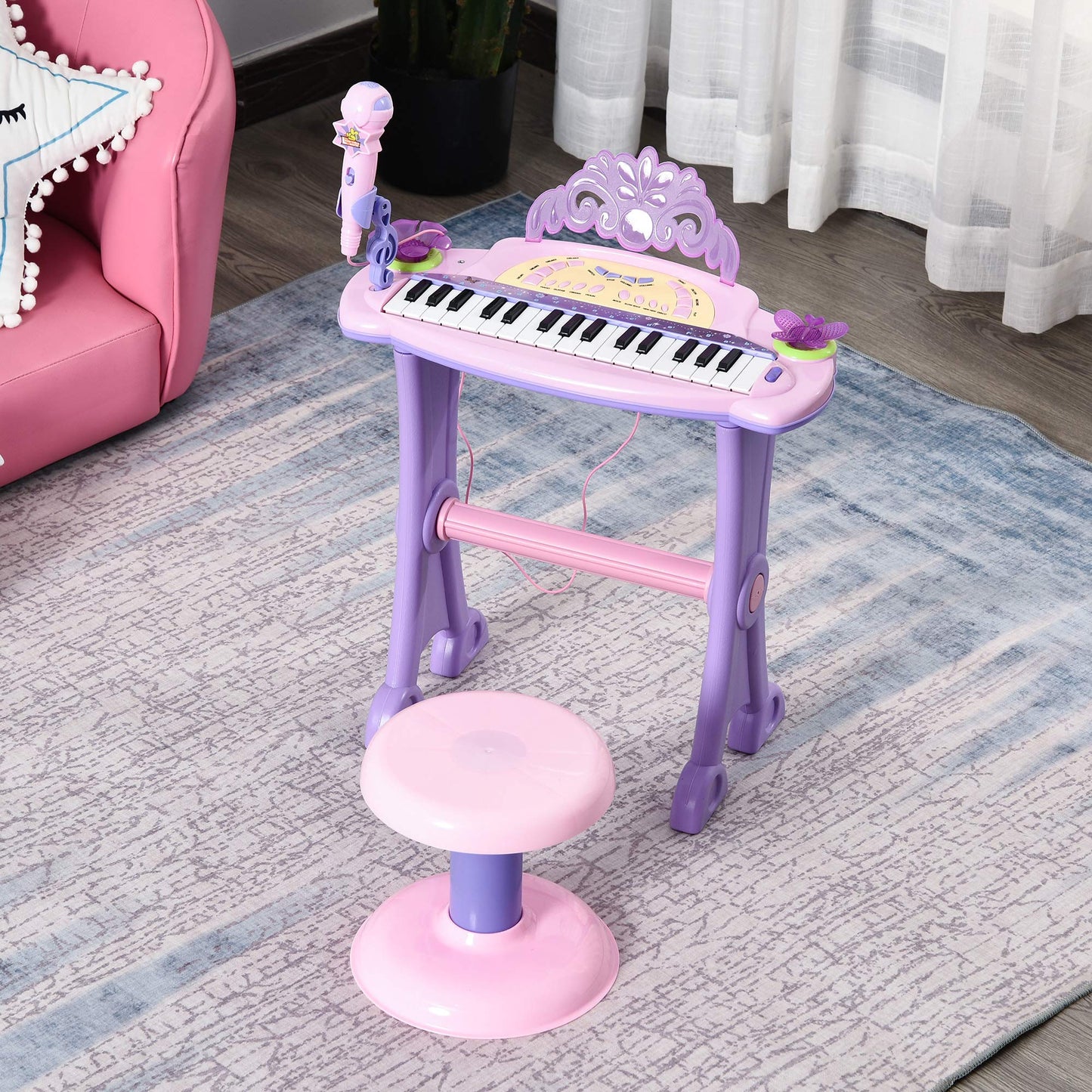 HOMCOM 32-key kids' electronic mini keyboard with microphone, educational toy, musical instrument, and matching piano stool.