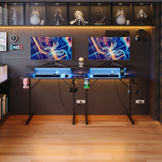 CAIYUN small gaming desk with LED lighting, power outlets, full monitor stand, black carbon fiber surface, and metal frame for home office
