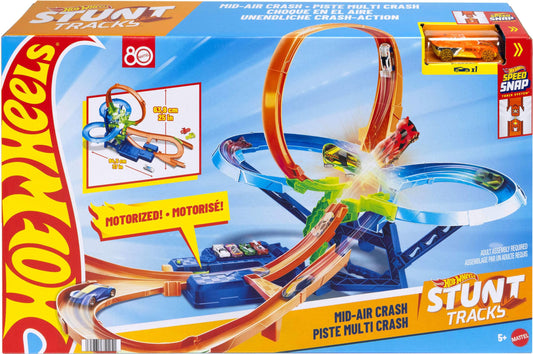 Hot Wheels stunt track set featuring mid-air crash, motorized booster, and 1:64 scale die-cast toy car in action.