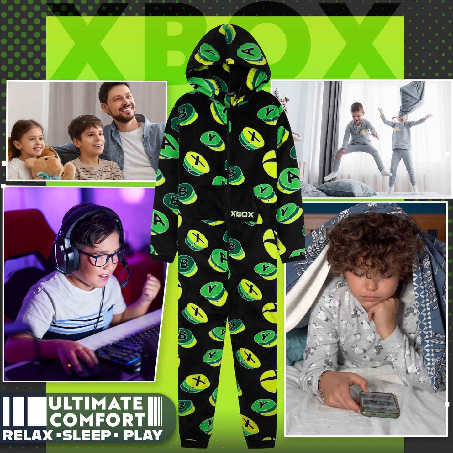 Xbox boys' onesie for teens, black and green fleece hooded jumpsuit with gamer-themed design, cozy nightwear for 11-12 year olds.