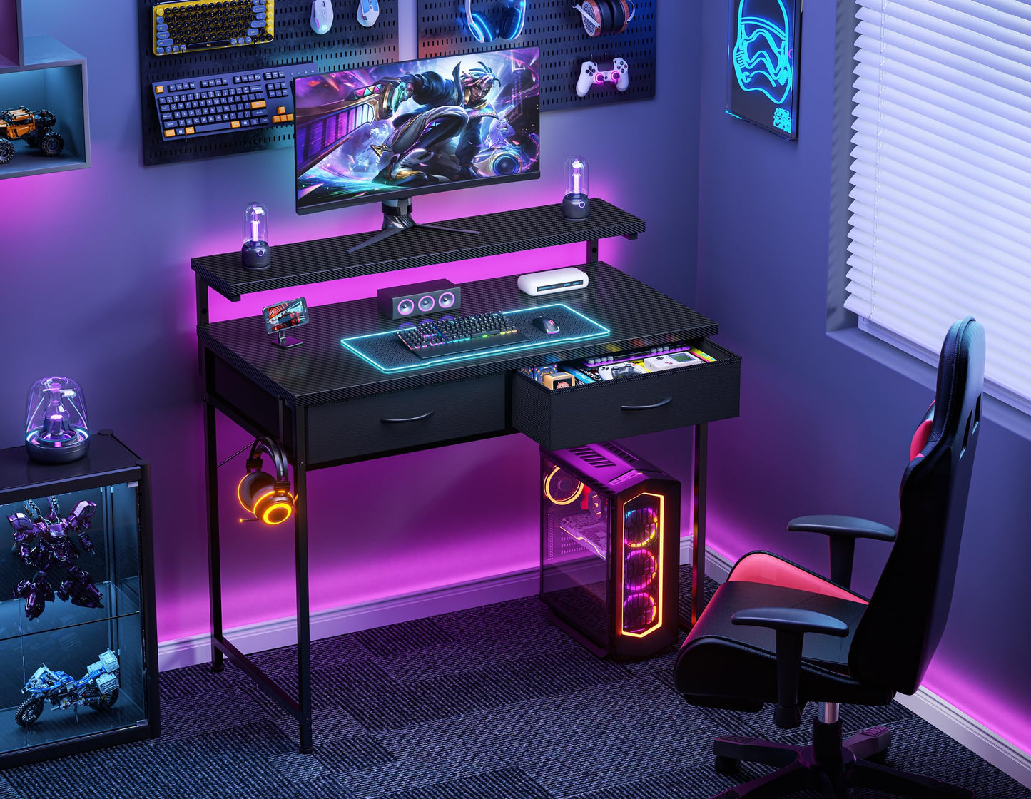 HOMIDEC Gaming Desk with Adjustable Monitor Stand, Computer Office Desk with 2 Storage Drawers, Gaming Table with Headphone Hook, Carbon Fibre Surface, for Gamers, Workers and Students, Black, 80cm