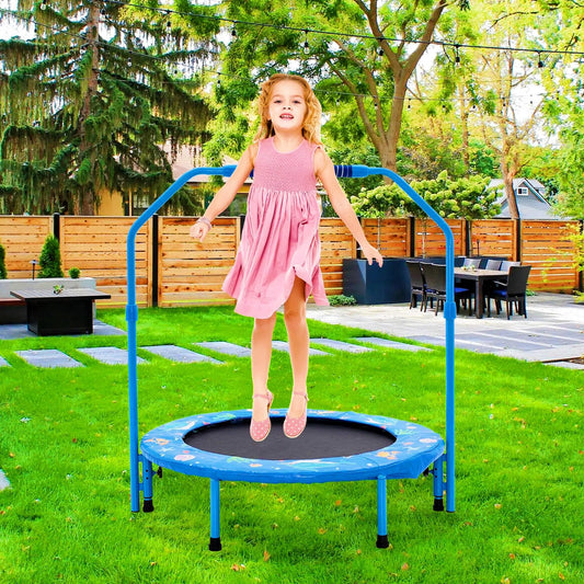 Forroby 36 Inch Kids Trampoline Height Adjustable with Handle,Steel Frame Foldable Toddler Sports Trampolines With Protective Cover,Mini Trampoline for Children Boys Girls Outdoor Indoor 3 Years+,Blue