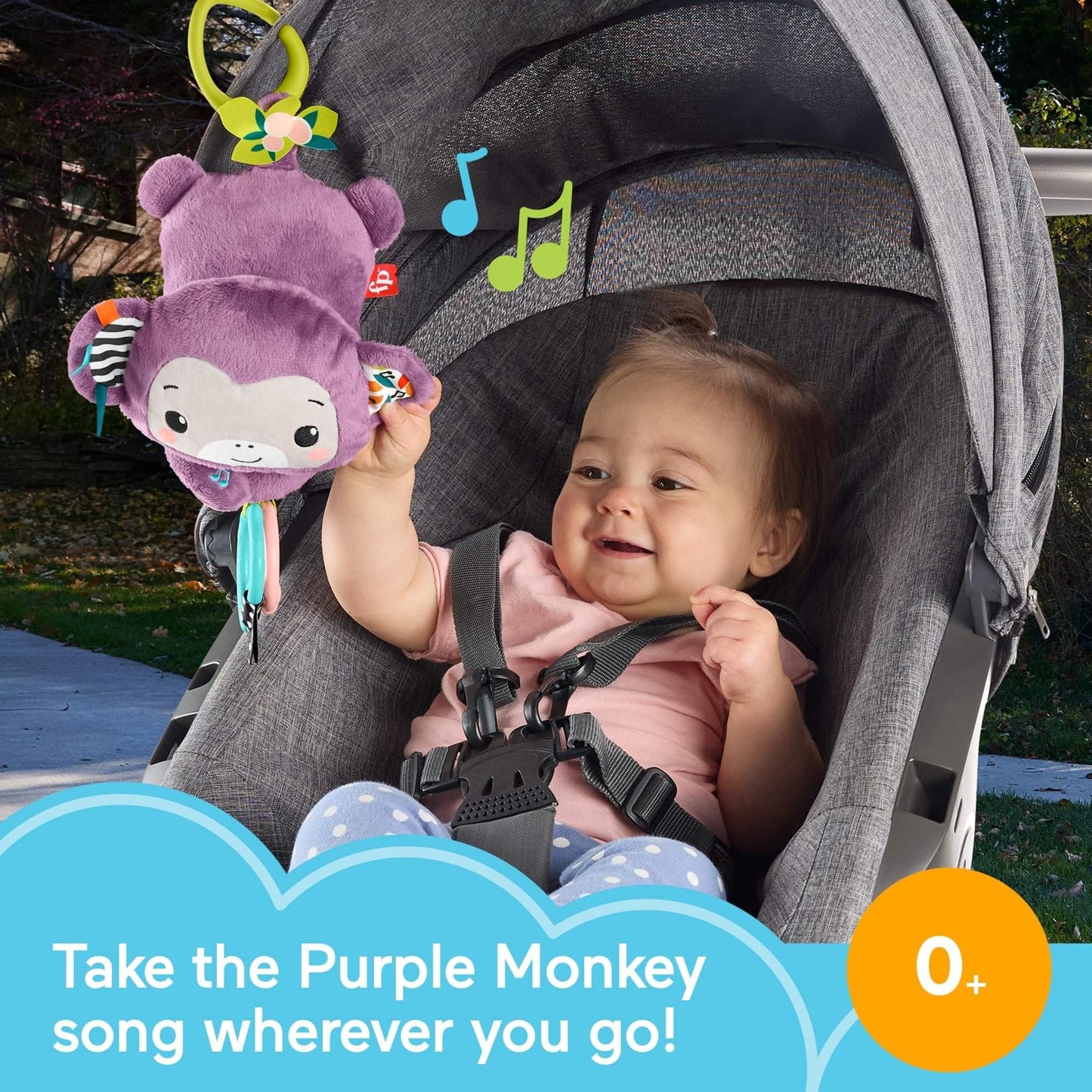 Fisher-Price Baby Stroller Toy Sing & Go purple monkey plush with crinkle and clackers for newborns, sensory and musical toy.