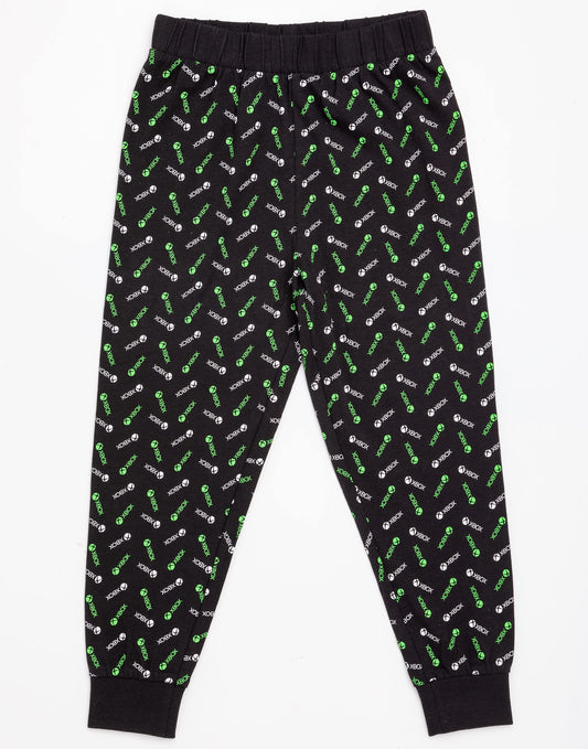 Xbox boys' pyjamas set with black and green gamer T-shirt and matching leggings featuring game controller graphics, for ages 9-10.